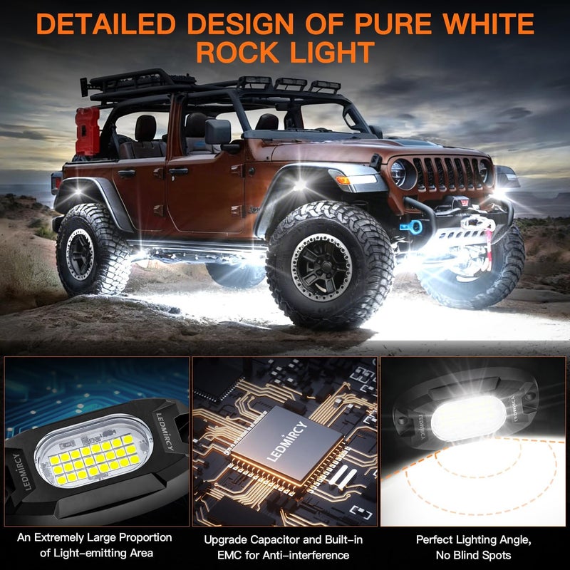 LEDMIRCY أضواء الصخور البيضاء، LEDMIRCY R6 أضواء صخور بيضاء نقية 16 قطعة مع 24 شريحة LED فائقة السطوع للشاحنات ومركبات UTV والطرق الوعرة والقوارب ومركبات ATV والبيك أب، إضاءة نيون تحتية عالية الطاقة مقاومة للماء والصدمات. - Image 2