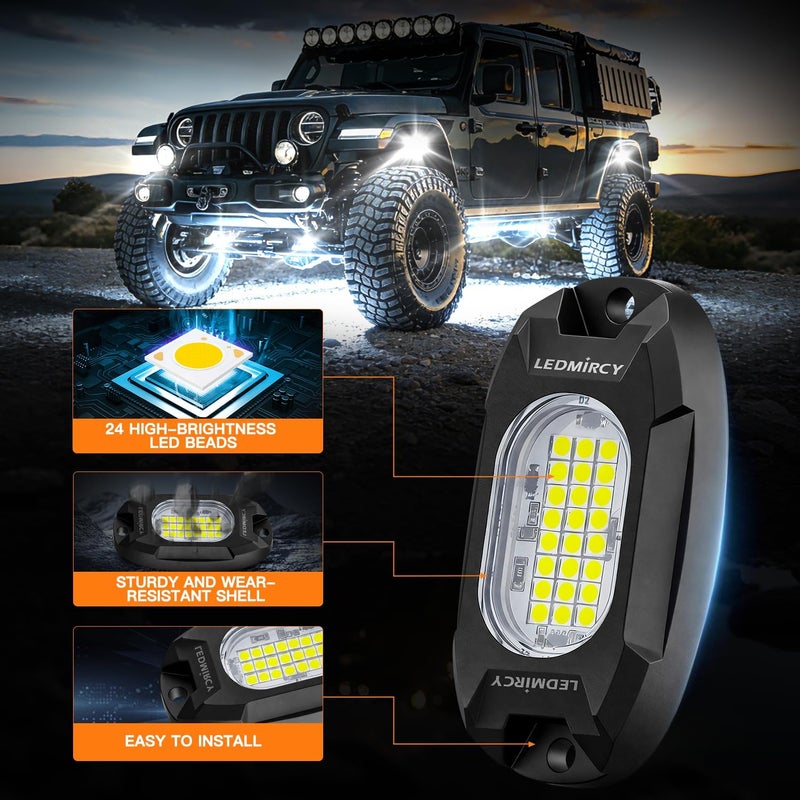 LEDMIRCY أضواء الصخور البيضاء، LEDMIRCY R6 أضواء صخور بيضاء نقية 16 قطعة مع 24 شريحة LED فائقة السطوع للشاحنات ومركبات UTV والطرق الوعرة والقوارب ومركبات ATV والبيك أب، إضاءة نيون تحتية عالية الطاقة مقاومة للماء والصدمات. - Image 4