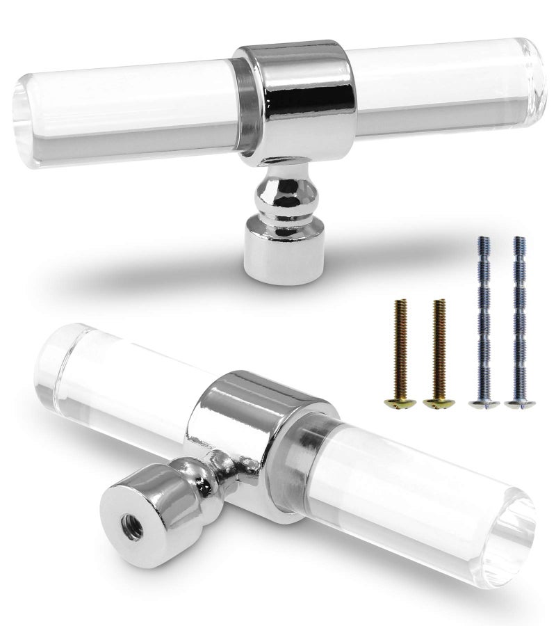 Cionyce 6 Pack Acrylic Cabinet Knobs Silver Drawers Knobs, Clear Single Hole T Bar Cabinet Pulls for Dresser Drawers Kitchen Cabinet, 3.15" Overall Length - Image 1