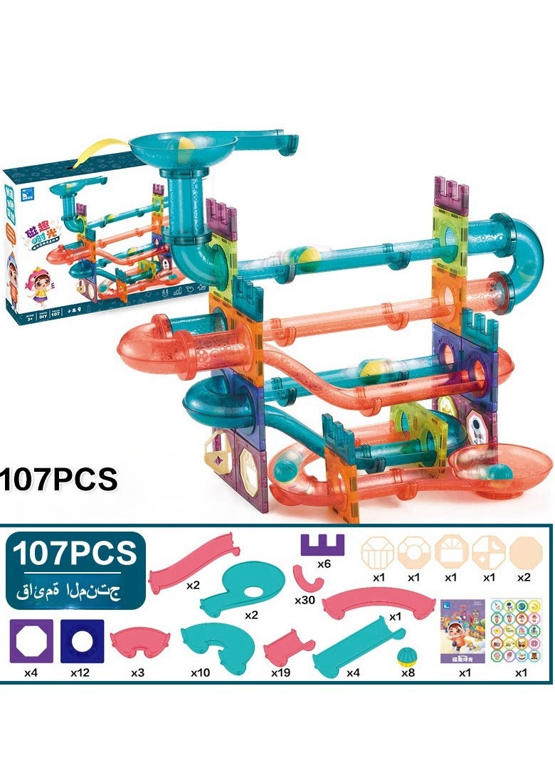 107Pcs Magnetic Building Block Set,Building Block Educational Toys,Color window magnetic piece, educational toy building blocks to build,Pipe, track, slide ball magnetic building blocks, splicing toys thinking children's toy, assembly DIY set  - Image 3