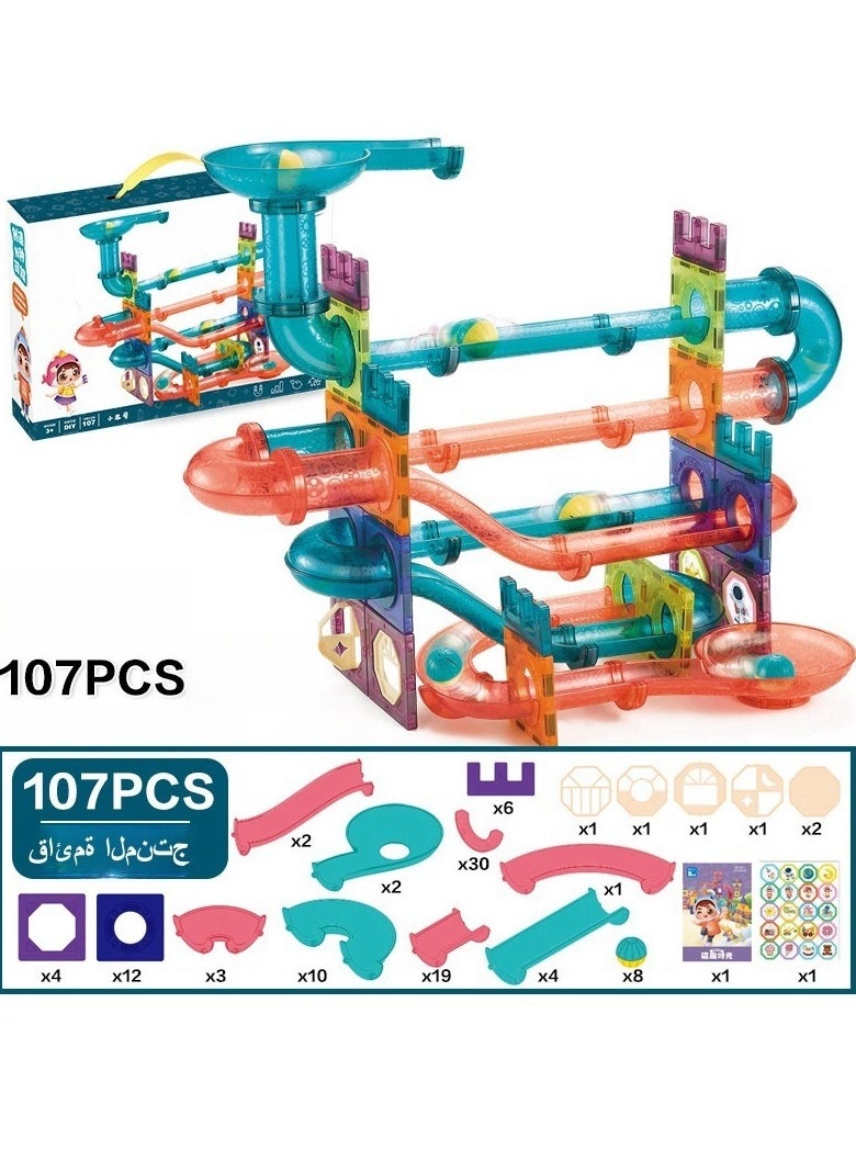 107Pcs Magnetic Building Block Set,Building Block Educational Toys,Color window magnetic piece, educational toy building blocks to build,Pipe, track, slide ball magnetic building blocks, splicing toys thinking children's toy, assembly DIY set  - Image 1