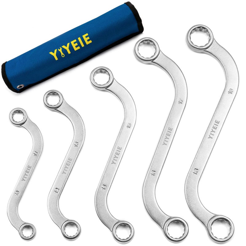 YIYEIE Offset S-Style Box End Wrench Set, 5-Piece, Chrome Vanadium Steel, 10x11mm, 12x13mm, 14x15mm, 16x17mm, 18x19mm - Image 1