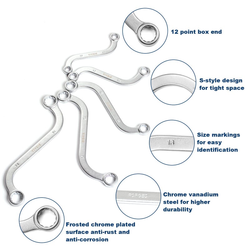 YIYEIE Offset S-Style Box End Wrench Set, 5-Piece, Chrome Vanadium Steel, 10x11mm, 12x13mm, 14x15mm, 16x17mm, 18x19mm - Image 5