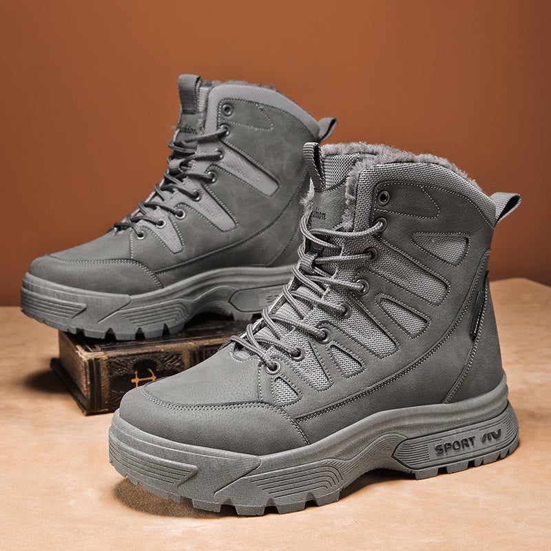 Outdoor Mens hiking shoes fleece-lined warm winter skiing mens cross-border snow boots northeast high-top sports cotton shoes NG018 Gray