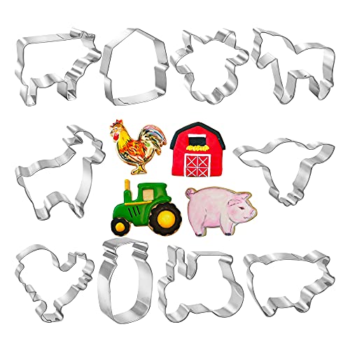 TOSPARTY 10 PCS Farm Cookie Cutter Set with Recipe Booklet Rooster Cow Pig Lamb Horse Barn and Tractor Cow Face Milk Bottle Bull head - Image 1