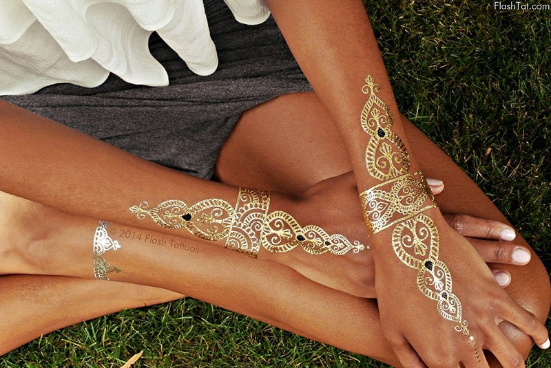 Flash+Tattoos Flash Tattoos Sheebani Authentic Metallic Temporary Jewelry Tattoos 4 Sheet Pack (Black/gold/silver) Includes over 19 assorted premium henna inspired waterproof tattoos - Image 3