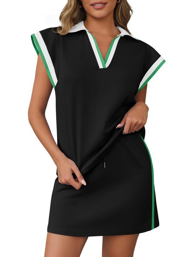 Fisoew Womens 2 Piece Lounge Sets Summer Cap Sleeve Tops Mini Skirts Casual Color Block Travel Vacation Outfits, Black, M - Image 1
