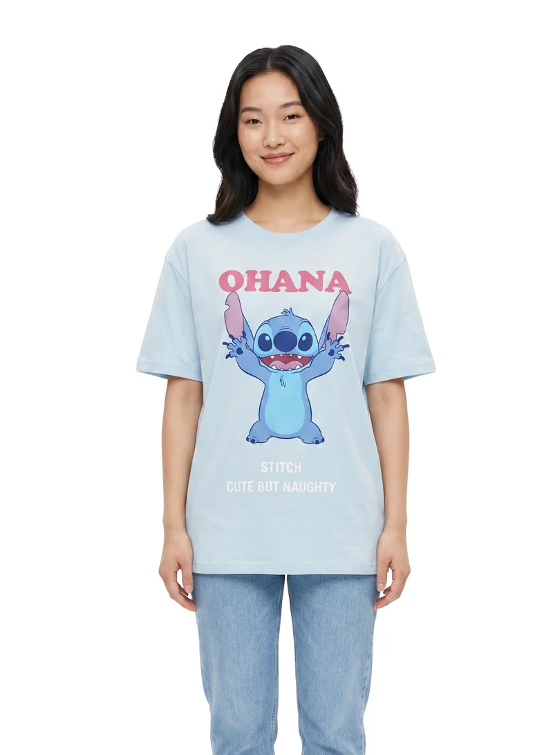 ديزني Disney Stitch “Ohana” Women’s Oversized Drop Shoulder Graphic T-Shirt – Casual Relaxed Fit Tee