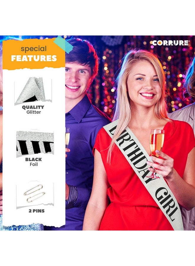 CORRURE 'Birthday Girl' Sash Glitter With Black Foil - Silver Glitter Birthday Sash for Women - Happy Birthday Sash for Sweet 16, 18th 21st 25th 30th 40th 50th or Any Other Bday Party - Image 3