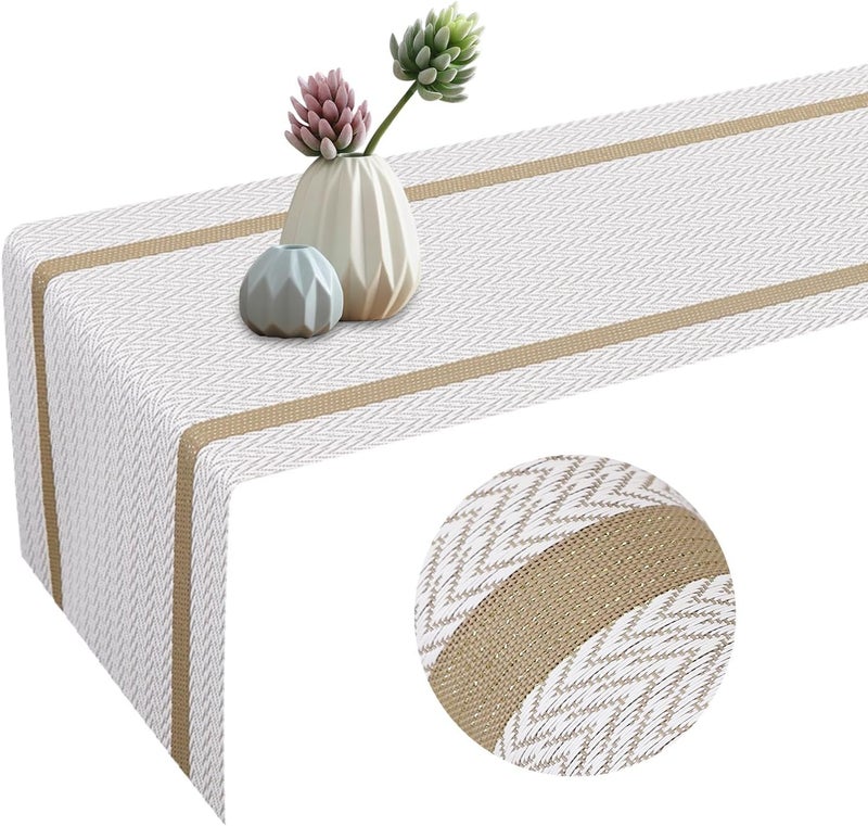 Wosta White Heat Resistant Table Runner Wipeable Vinyl Table Runner Durable PVC Waterproof Table Runner with Golden Thread Dining Table Runner for Indoor OutdoorWhite - Image 1