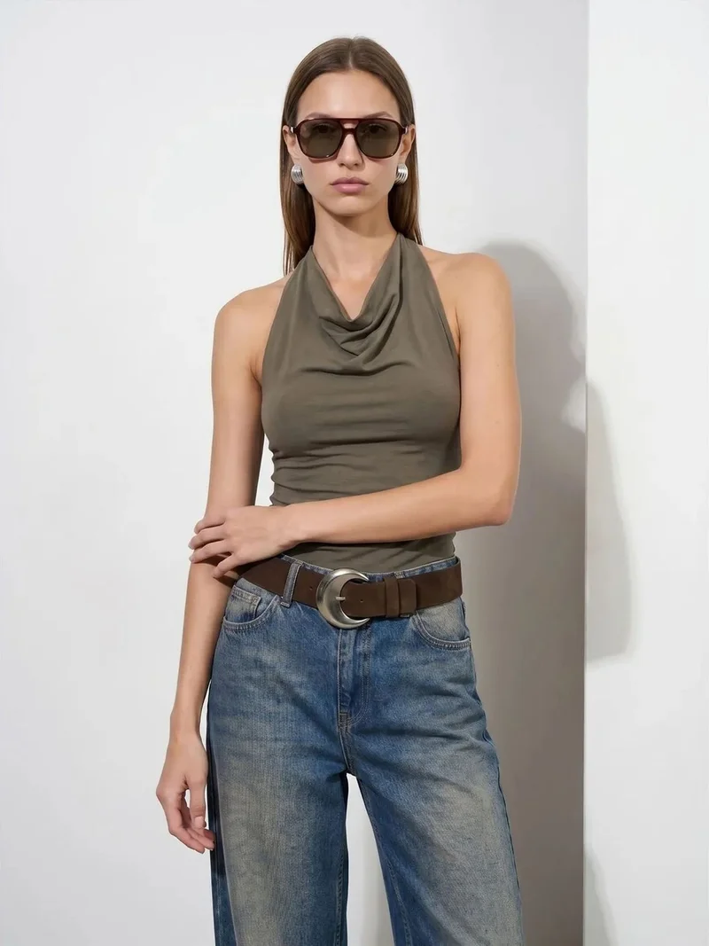 ديلفين Dilvin Sleeveless Cowl Neck Tie Blouse