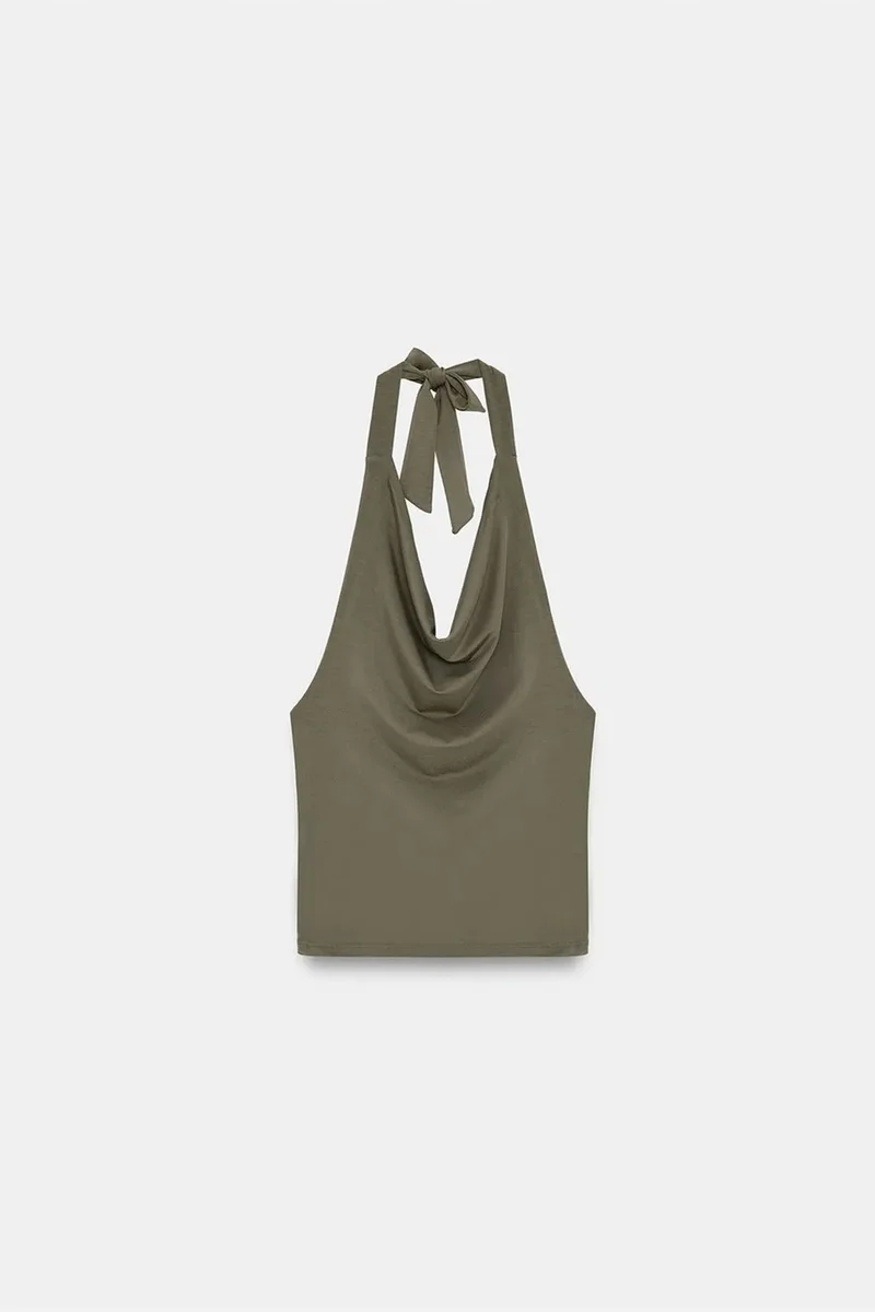 Dilvin Khaki Green DILVIN Sleeveless Cowl Neck Tie Blouse for Women | Best Price UAE