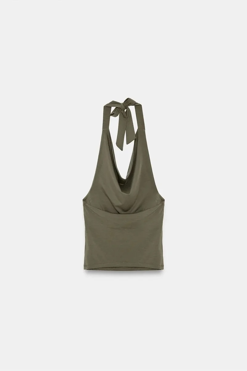 Dilvin Khaki Green DILVIN Sleeveless Cowl Neck Tie Blouse for Women | Best Price UAE