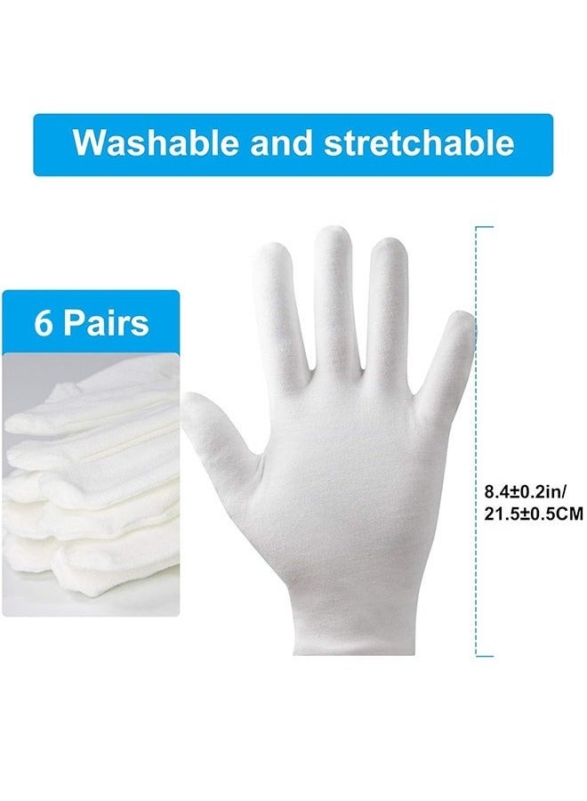6 Pairs White Cotton Gloves, White Gloves for Inspection Photo Jewelry Silver Coin Archive Serving Costume, Cotton Gloves for Dry Hands Women Men Eczema Moisturizing SPA - Image 1