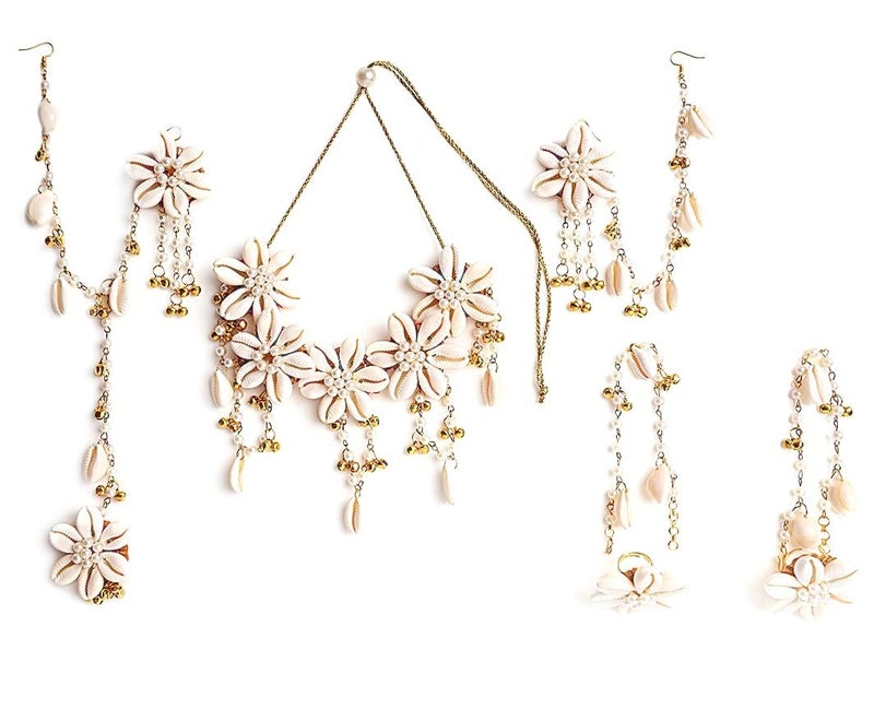 NMII Traditional Kaudi Sea Shell Golden Bells & White Moti Pearls Jewellery Set For Bridal Women & Girls | Includes Necklace, Ear Chain, Maang Tikka, Chain Bracelet | Wedding, Haldi, Mehandi, Occasion - Image 1