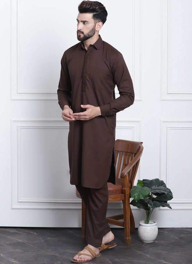 Sojanya Embroidered Brown Kurta with Salwar for Men - Image 5