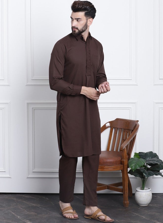 Sojanya Embroidered Brown Kurta with Salwar for Men - Image 4