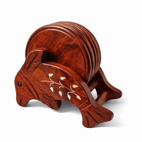PEBBLECRAFTS Pebble Crafts Wooden Handmade Fish Shaped Set of 6 with Decorative Holder Tabletop Coasters for Tea Coffee Cups Mugs Beer Cans Bar Glass Indian Handicrafts - Image 2