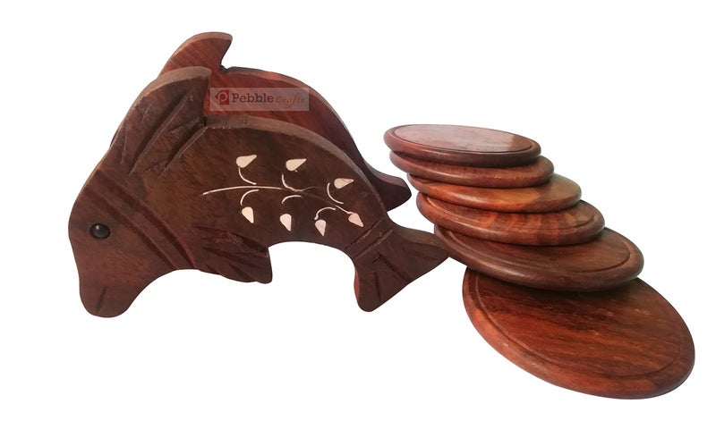 PEBBLECRAFTS Pebble Crafts Wooden Handmade Fish Shaped Set of 6 with Decorative Holder Tabletop Coasters for Tea Coffee Cups Mugs Beer Cans Bar Glass Indian Handicrafts - Image 5