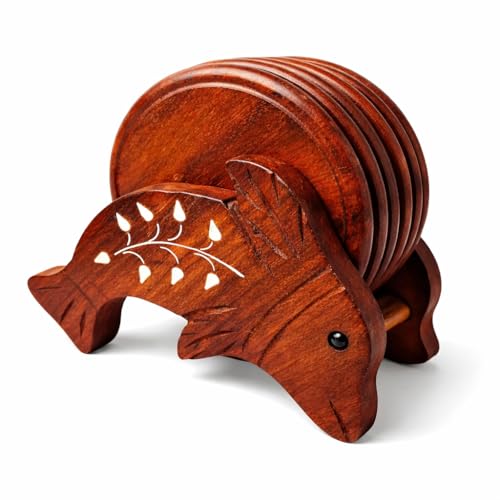 PEBBLECRAFTS Pebble Crafts Wooden Handmade Fish Shaped Set of 6 with Decorative Holder Tabletop Coasters for Tea Coffee Cups Mugs Beer Cans Bar Glass Indian Handicrafts - Image 1
