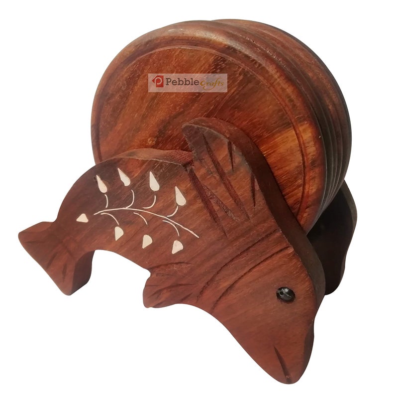 PEBBLECRAFTS Pebble Crafts Wooden Handmade Fish Shaped Set of 6 with Decorative Holder Tabletop Coasters for Tea Coffee Cups Mugs Beer Cans Bar Glass Indian Handicrafts - Image 3
