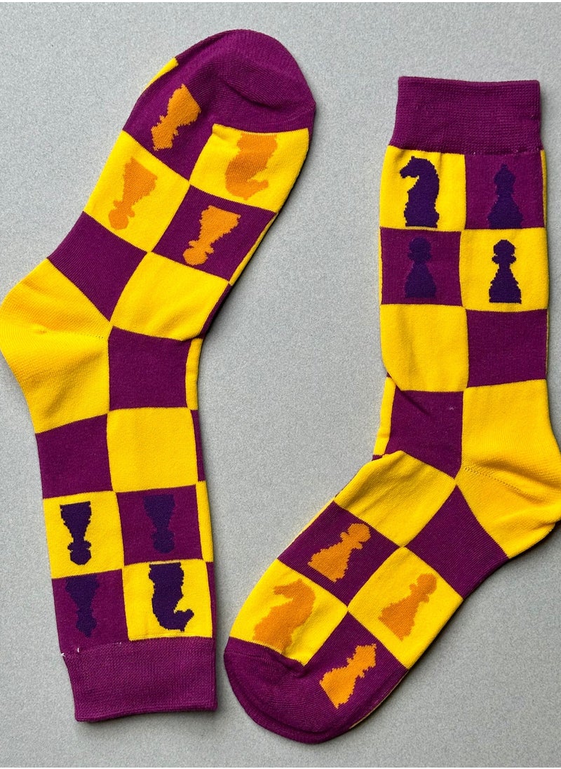 The Socks Hype - 3 Pairs Chess Cotton Soft Funny Socks for Men Women | Purple Heel Toe Crew Socks with Yellow Chessboard Design | Unisex Novelty Dress Socks for Game Lovers - Image 1