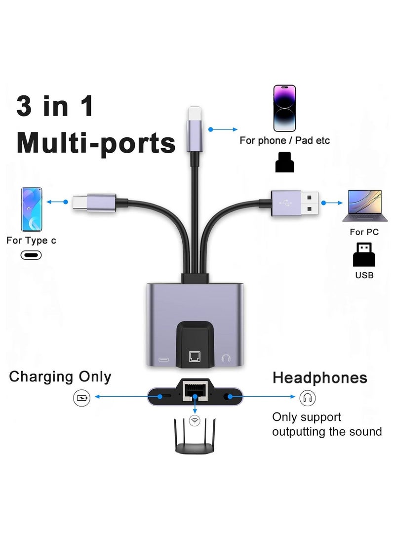 كابتن تيك USB to Ethernet Adapter, 3-in-1 Aluminum Driver Free, LAN Network Adapter with RJ45 10/100Mbps for Laptop PC with Windows/Mac OS/Phone/Pad, 3.5mm Audio Socket, Plug and Play - Image 2