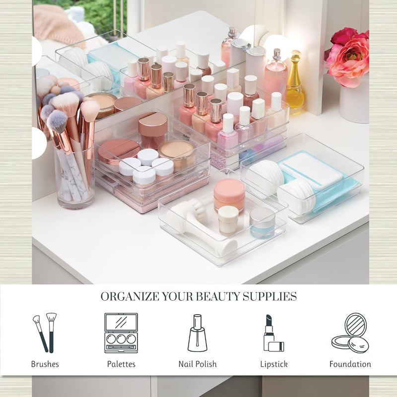STORi All space matching look SimpleSort 6-Piece Stackable Clear Drawer Organizer Set | 6" x 6" x 2" Square Trays | Small Makeup Vanity Storage Bins and Office Desk Drawer Dividers | Made in USA Repeated detach compatible build - Image 3
