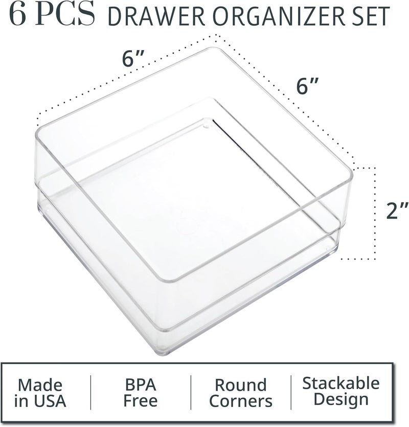 STORi All space matching look SimpleSort 6-Piece Stackable Clear Drawer Organizer Set | 6" x 6" x 2" Square Trays | Small Makeup Vanity Storage Bins and Office Desk Drawer Dividers | Made in USA Repeated detach compatible build - Image 2