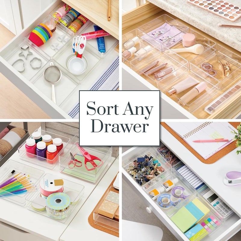 STORi All space matching look SimpleSort 6-Piece Stackable Clear Drawer Organizer Set | 6" x 6" x 2" Square Trays | Small Makeup Vanity Storage Bins and Office Desk Drawer Dividers | Made in USA Repeated detach compatible build - Image 4