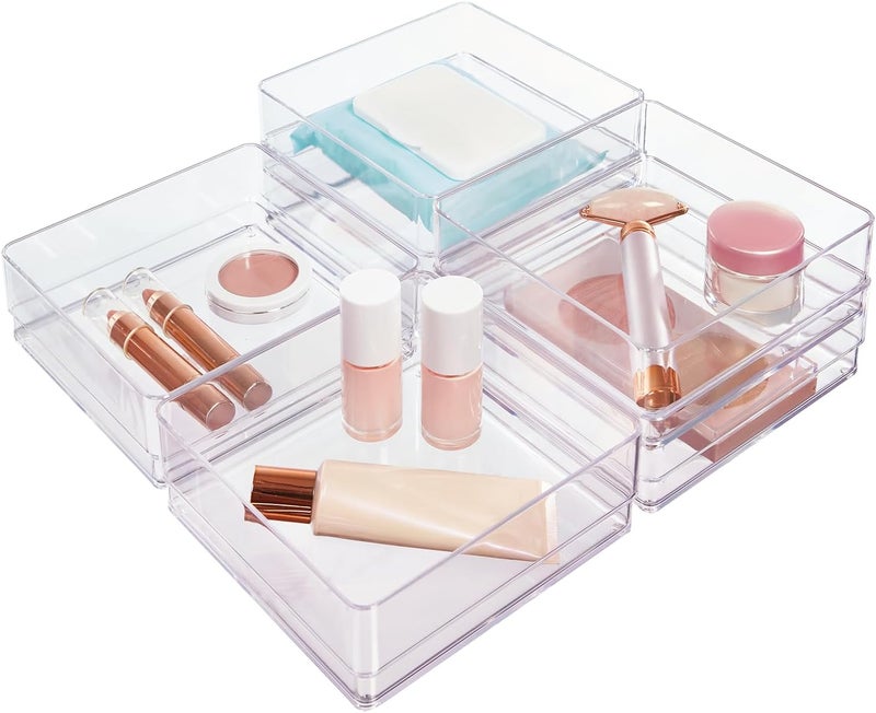STORi All space matching look SimpleSort 6-Piece Stackable Clear Drawer Organizer Set | 6" x 6" x 2" Square Trays | Small Makeup Vanity Storage Bins and Office Desk Drawer Dividers | Made in USA Repeated detach compatible build - Image 1