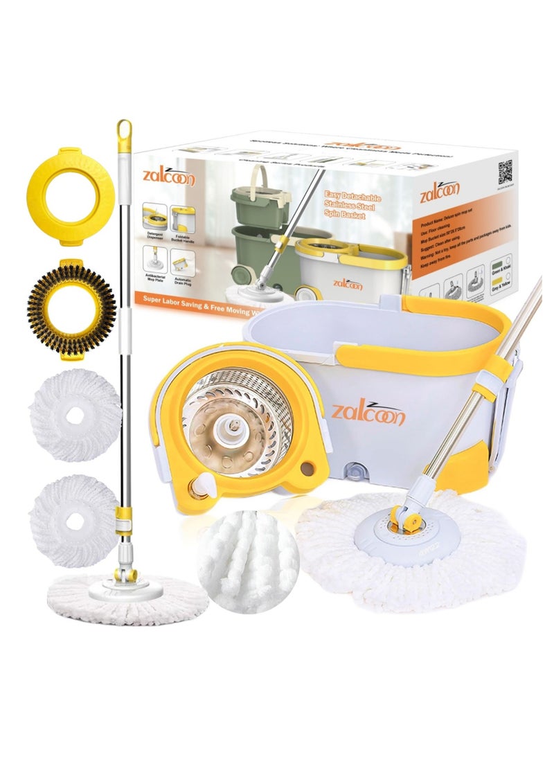 Zalcoon Spin Mop and Bucket with Wringer Set, Telescopic Handle for Floor Cleaning, 360° Spinning Mop Bucket with 2 Wheels Easy Moving, Extra Microfiber Mop Pads and Scrub Brush (Grey)  - Image 1