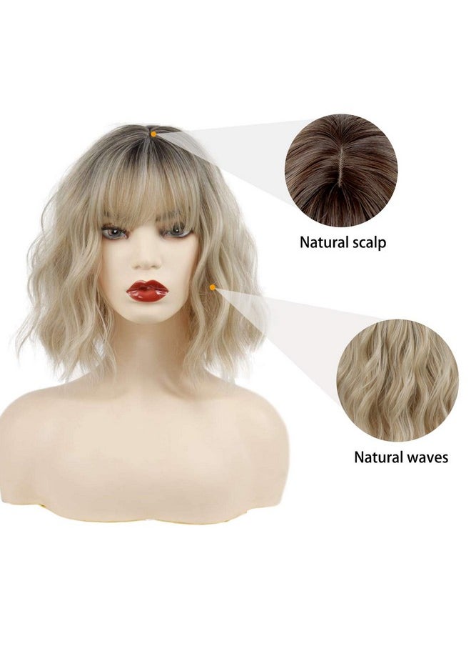 MISSQUEEN - Short Ombre Blonde Wigs Wavy Bob Blonde Wig With Bangs Synthetic Curly Pastel Blond Wig For Women Girl Colorful Cosplay Wigs - Image 1