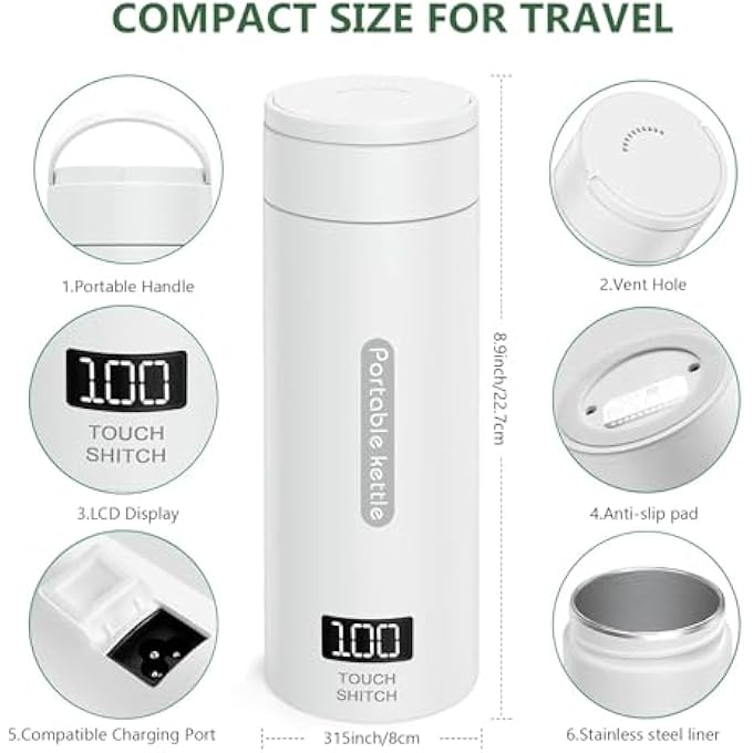 INGUNAR Portable Electric Kettle For Travel 500Ml Stainless Steel Electric Kettle For Coffee Milk Tea Small Hot Water Boiler With Auto ShutOff 4 Variable Presets Boil Dry Protection White - Image 2