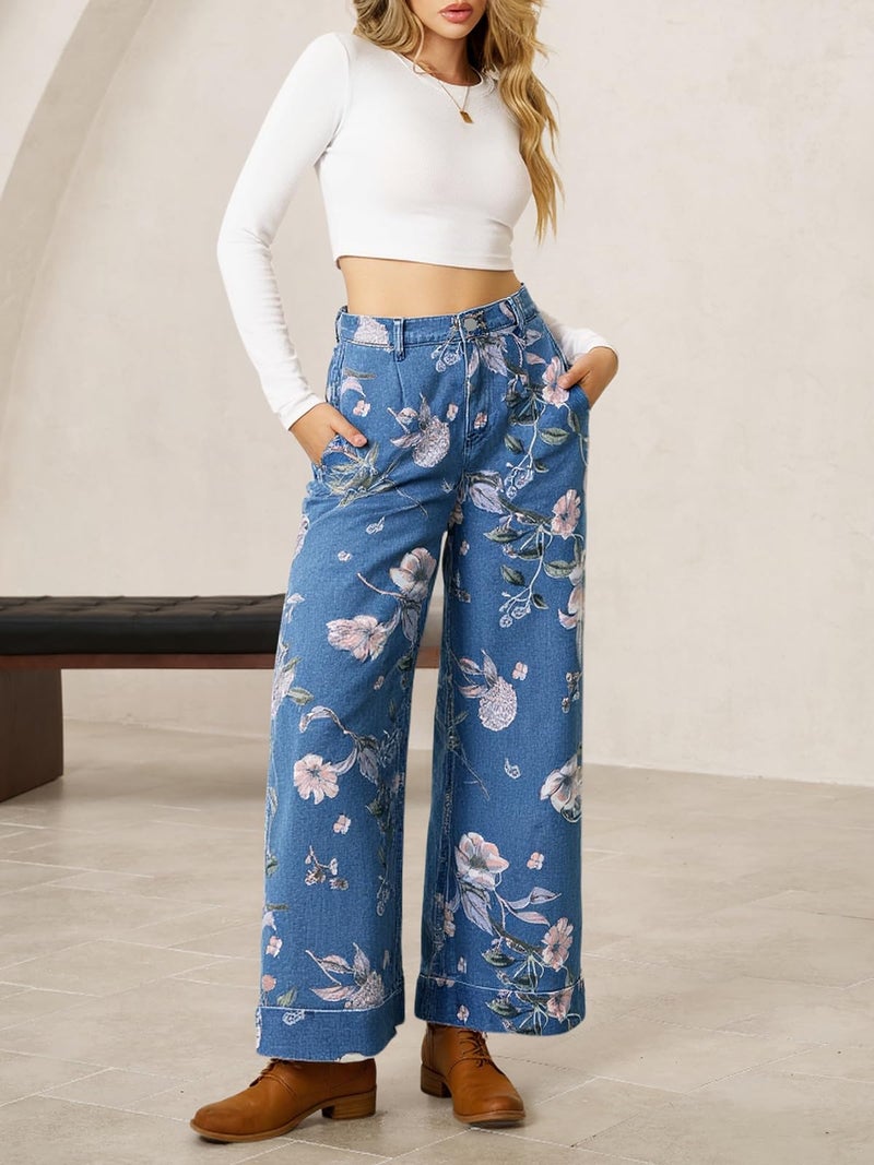 Cicy Bell Women's Floral Baggy Wide Leg Jeans Casual High Waisted Boyfriend Vintage Boho Denim Pants with Pockets Blue - Image 5