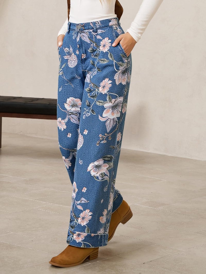 Cicy Bell Women's Floral Baggy Wide Leg Jeans Casual High Waisted Boyfriend Vintage Boho Denim Pants with Pockets Blue - Image 4