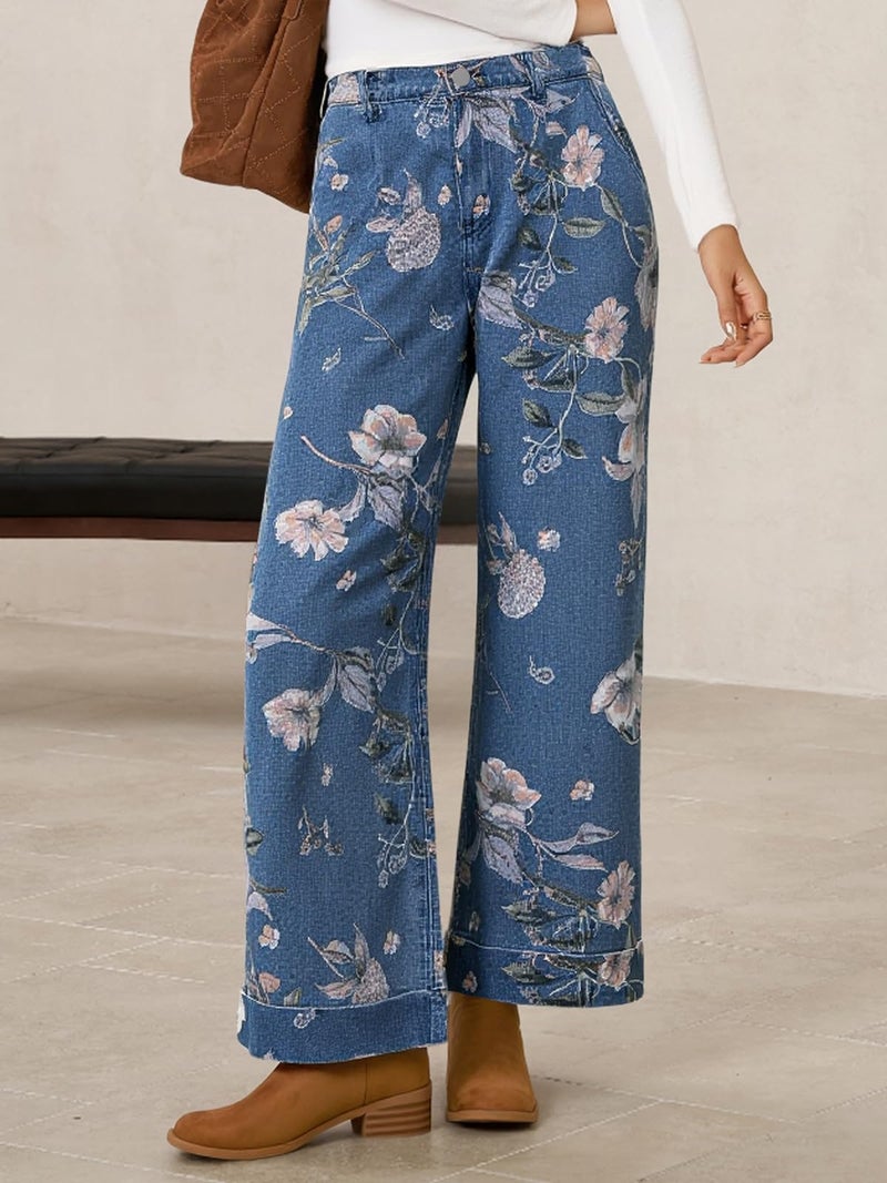 Cicy Bell Women's Floral Baggy Wide Leg Jeans Casual High Waisted Boyfriend Vintage Boho Denim Pants with Pockets Blue - Image 3