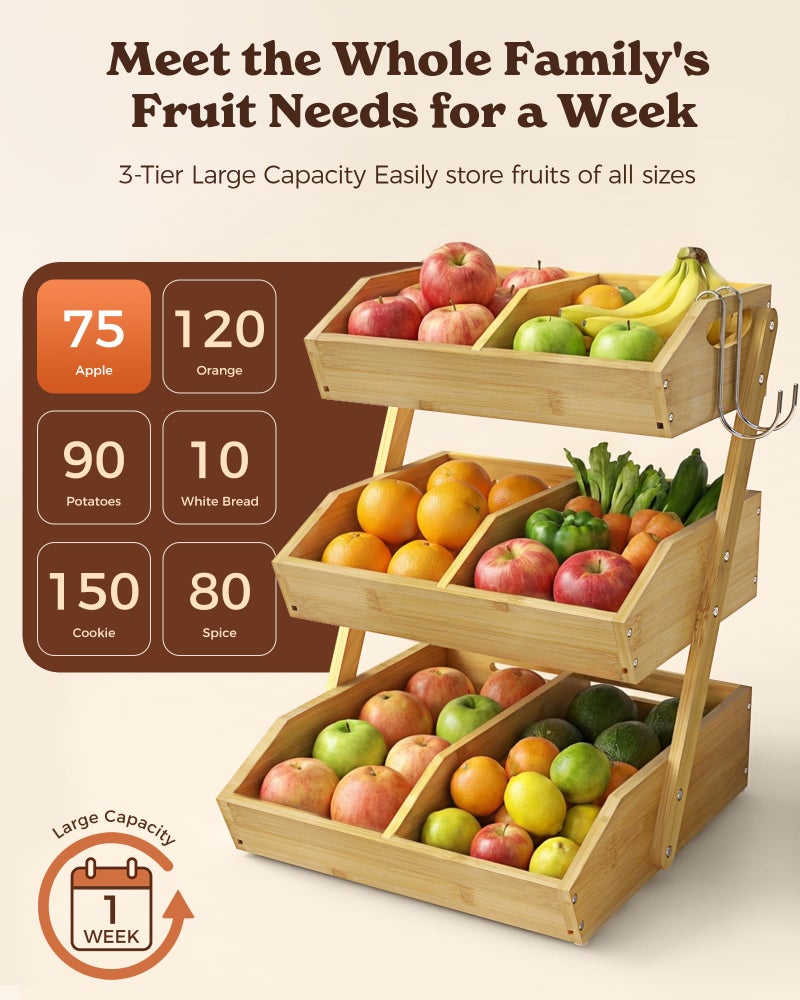 Sevenblue 3 Tier Large Bamboo Fruit Basket for Kitchen Counter with 2 Banana Holders, Kitchen Countertop Organizer with Protective Mats, Tiered Fruit Bowl for Bread Snack Veggies with Dividers - Image 4