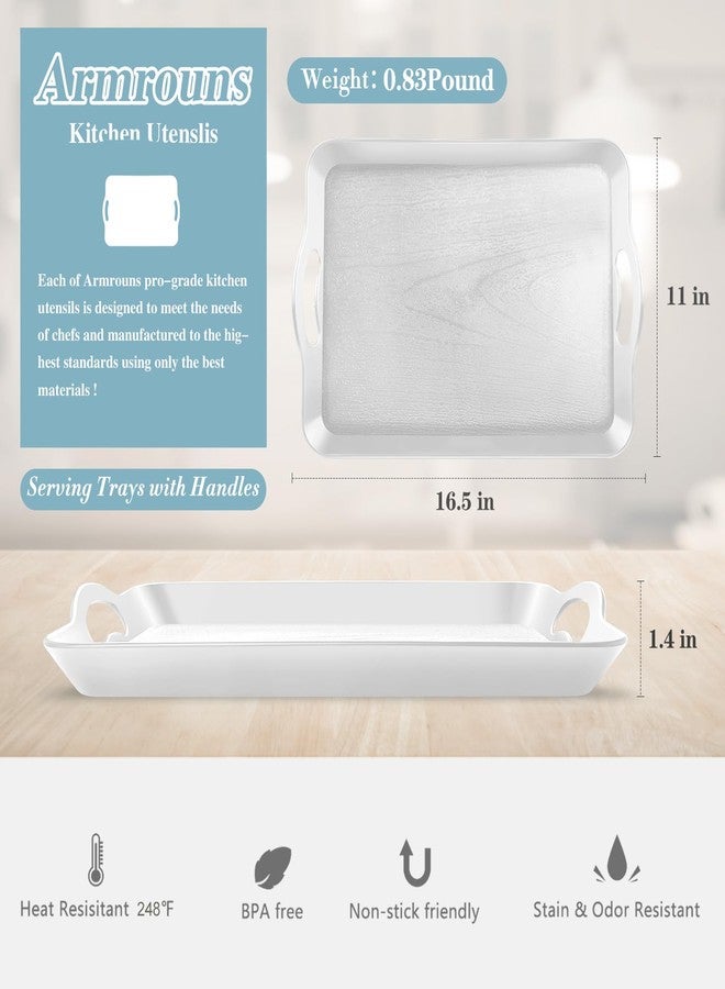 Armrouns 2PC White Serving Trays with Handles, 16 x 11.2 inch Rectangular Non Skid Multi-Purpose Plastic OttomanTray for Restaurant, Parties, Coffee Table, Kitchen - Image 3