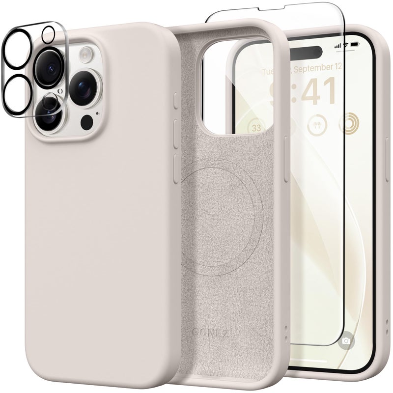 GONEZ Magnetic for iPhone 15 Pro Case, Compatible with MagSafe, [Screen Protector + Camera Lens Protector], Silicone Shockproof Anti-Scratch Protective Phone Case 6.1 inch, Stone - Image 1