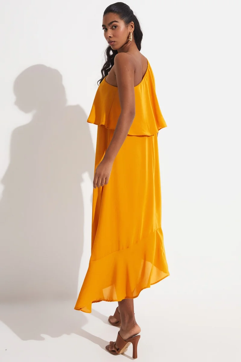 جون Women's Straight Cut One Shoulder Ruffle Detail Dress