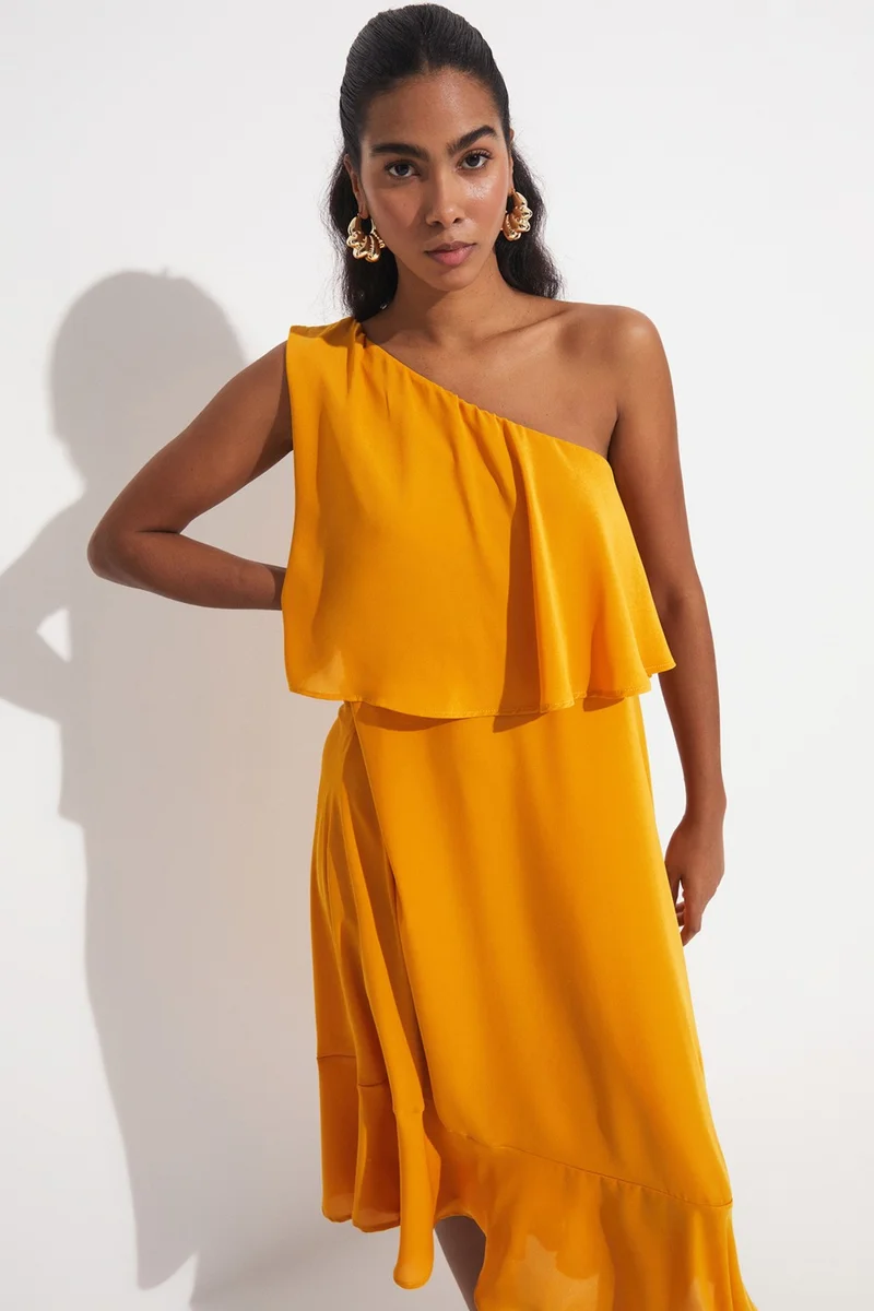 جون Women's Straight Cut One Shoulder Ruffle Detail Dress