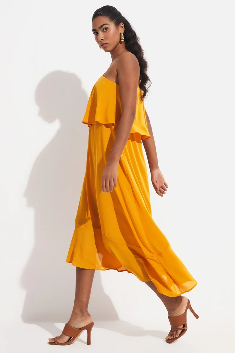 جون Women's Straight Cut One Shoulder Ruffle Detail Dress