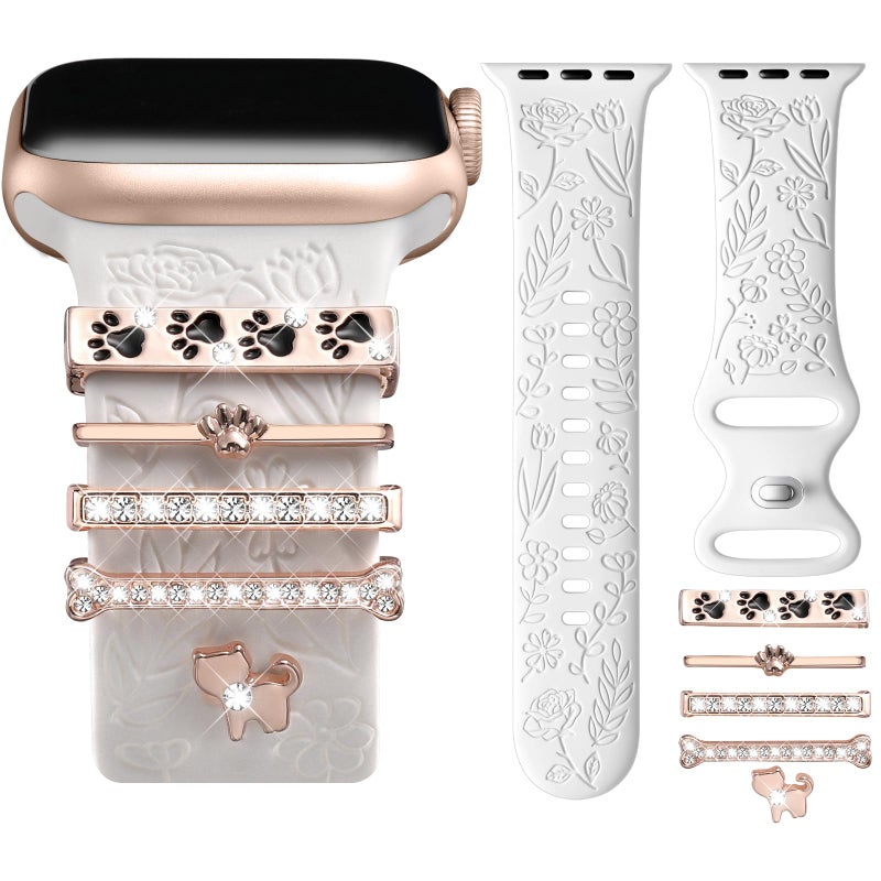 DaQin Flower Engraved Band Compatible with Apple Watch Bands for Women 40mm 38mm 41mm 42mm, Soft Silicone Strap With Dressy Decorative Apple Watch Charms for iWatch Series 11 10 9 8 7 6 5 4 3 2 1 SE - Image 1