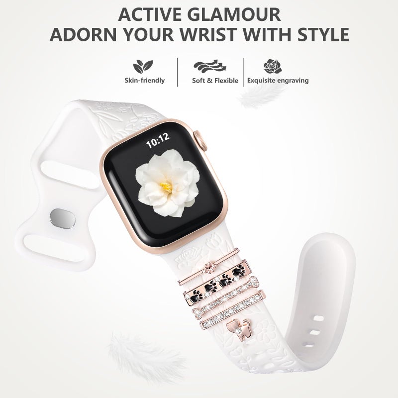 DaQin Flower Engraved Band Compatible with Apple Watch Bands for Women 40mm 38mm 41mm 42mm, Soft Silicone Strap With Dressy Decorative Apple Watch Charms for iWatch Series 11 10 9 8 7 6 5 4 3 2 1 SE - Image 5