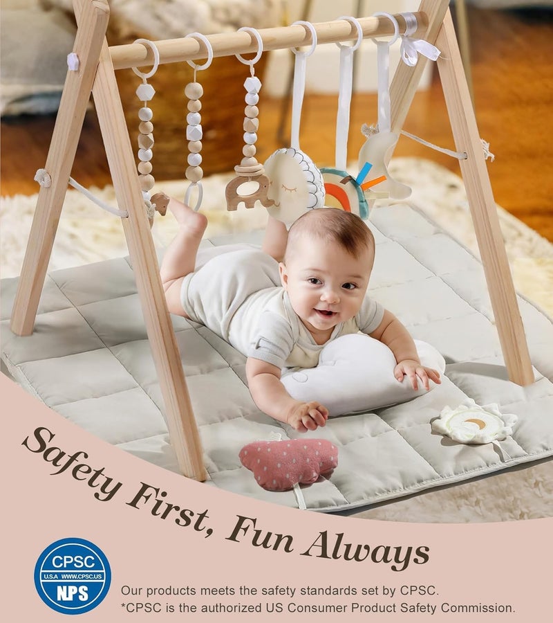 Mallify Wooden Play Gym with Beige Mat, Foldable Baby Play Gym, Infant Activity Mat with 6 Hanging Toys, Natural Pine Wood Frame Activity Center, Easy to Assemble & Clean, Newborn Present for Boys & Girls - Image 2