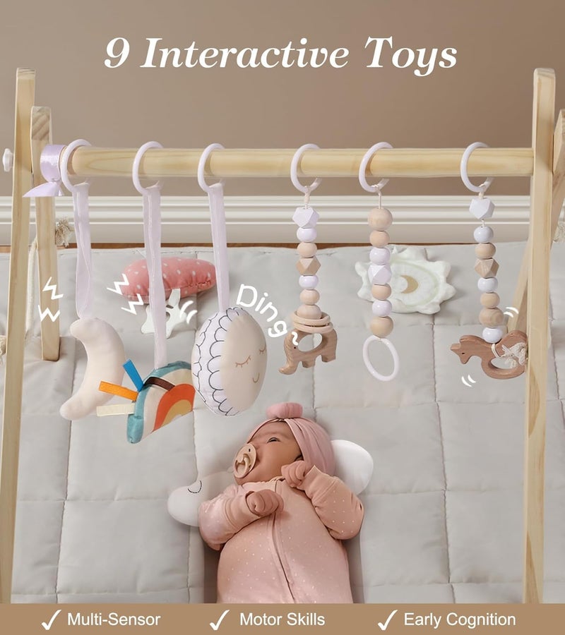 Mallify Wooden Play Gym with Beige Mat, Foldable Baby Play Gym, Infant Activity Mat with 6 Hanging Toys, Natural Pine Wood Frame Activity Center, Easy to Assemble & Clean, Newborn Present for Boys & Girls - Image 4