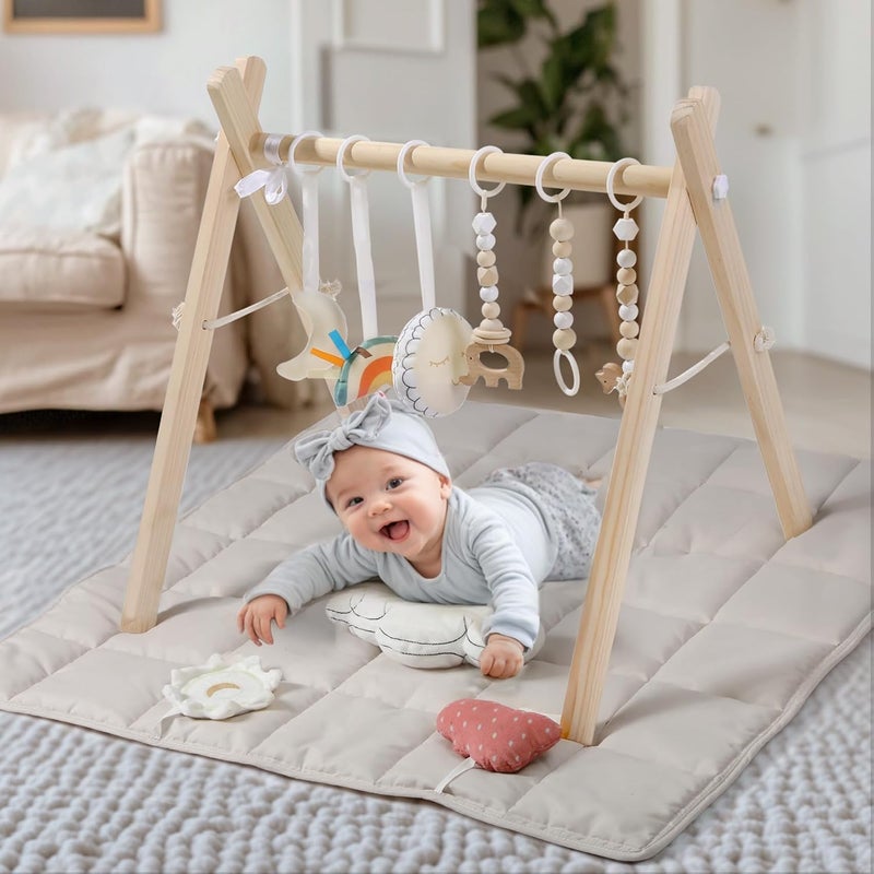 Mallify Wooden Play Gym with Beige Mat, Foldable Baby Play Gym, Infant Activity Mat with 6 Hanging Toys, Natural Pine Wood Frame Activity Center, Easy to Assemble & Clean, Newborn Present for Boys & Girls - Image 1