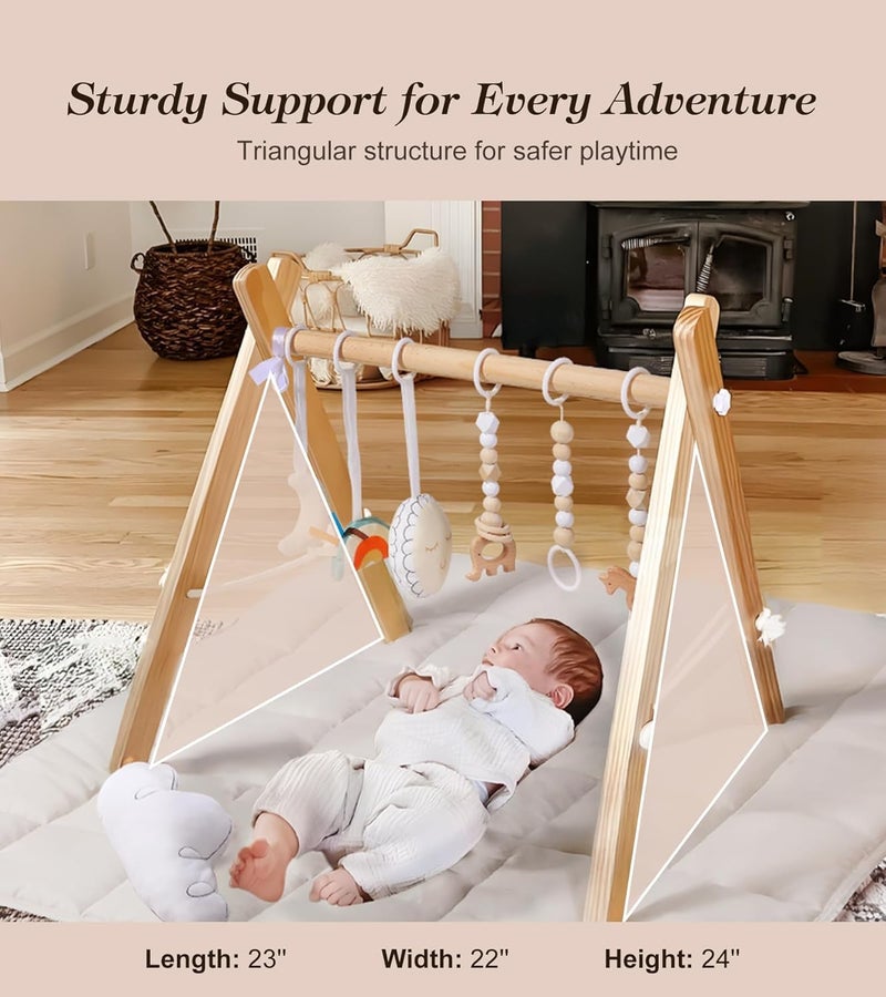 Mallify Wooden Play Gym with Beige Mat, Foldable Baby Play Gym, Infant Activity Mat with 6 Hanging Toys, Natural Pine Wood Frame Activity Center, Easy to Assemble & Clean, Newborn Present for Boys & Girls - Image 5