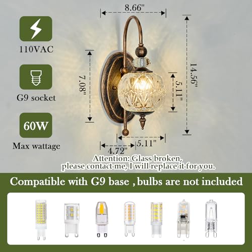 Piepooye Vintage Bronze Wall Sconce with Glass Globe Shade Mid Century G9 Bulb Wall Light Indoor Wall Lamp for Bathroom Farmhouse Bedroom Living Room Hallway - Image 2